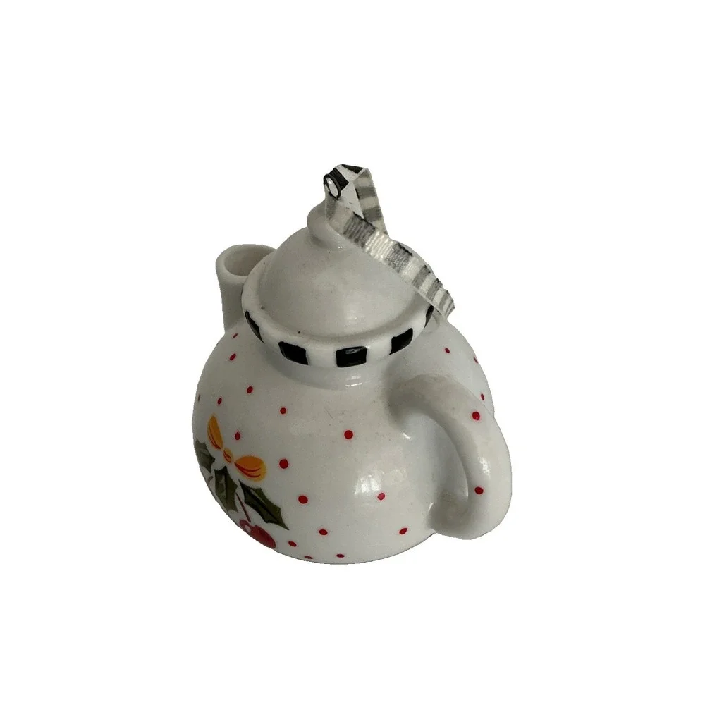 Mary Engelbreit Mini Teapot Ornament- White & Black & Red w/ Cherries Christmas